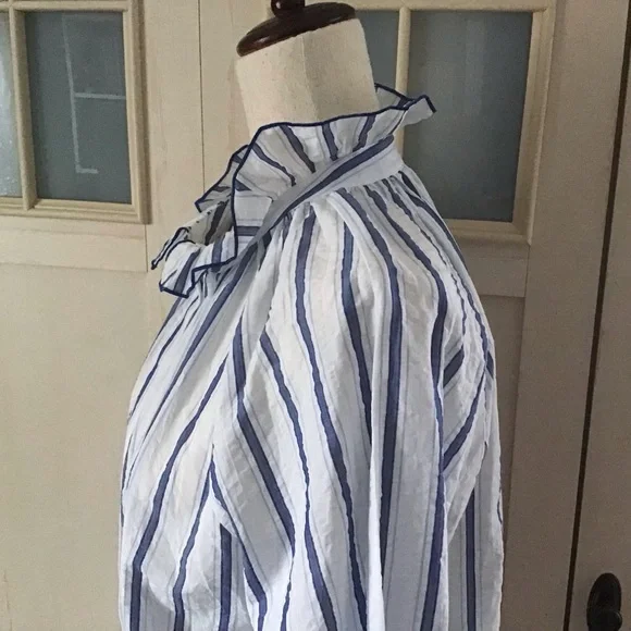 Finley Fiona Ruffle High Neck Blouse Blue/White Striped XS 100% Cotton - Picture 5 of 10